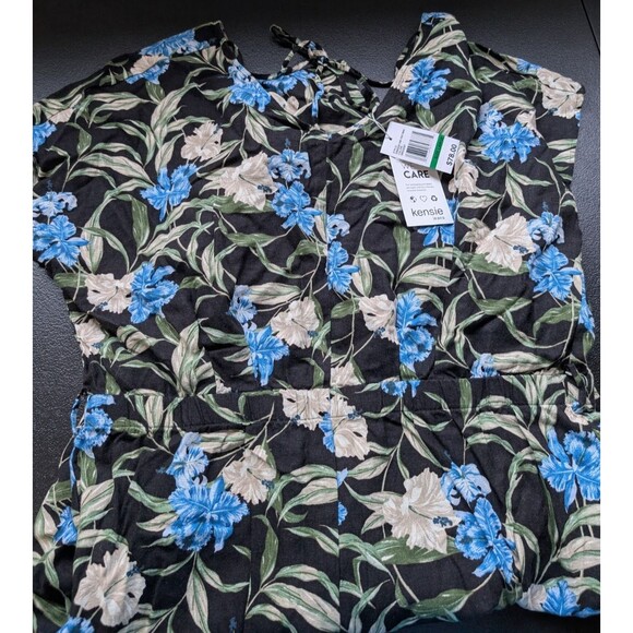 Kensie Jeans Tie Back Linen Blend Jumpsuit In Hibiscus Sky Combo Large - Picture 9 of 15